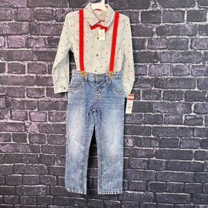 Cat & Jack 5T Boy Heart Striped Shirt Jeans Suspender Bow Set
